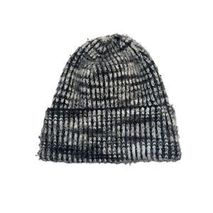 Black Gray Textured Knit Beanie Checked Ribbed Soft Cozy Winter Hat Womens